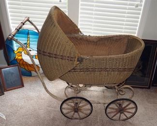 Antique Lloyd Loom Products Wicker Baby Carriage With Metal Frame, 41"X 43" X 21"