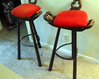 Hand Carved 3-Legged Bar Stools With Velvet Cushions Qty. 2, 34"