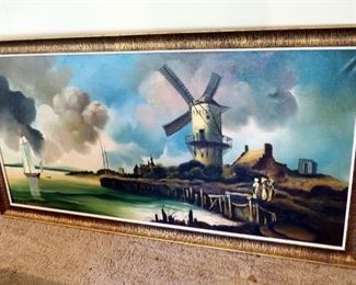 Framed Oil On Canvas Dutch Landscape, Artist Signature Illegible, 28" X 56"