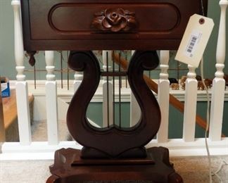Victorian Solid Wood Single Drawer Marble Top Accent Table With Harp Pedestal Base, 26" X 19" X 15