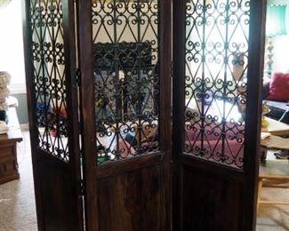 Accordion Style, Ornate Solid Wood Folding Screen With Metal Scroll Work, 68" X 55.5"