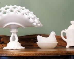 Milk Glass Collection Including Pedestal Bowl With Pink Ruffled Edge, Compote, Hen On Nest And More, Qty. 6