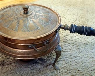 Copper And Brass Collection Including Solid Copper Tea Pot, Silent Butler, Chaffing Dish And More, Qty. 9 Pieces