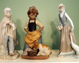 Lladro Girl With Dog And Lladro Styled Women With Geese And Peruvian Flute Player, Total Aty. 3 Pieces