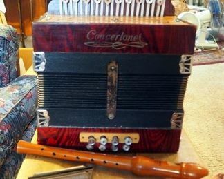 Concertone Button Box Accordian, M. Hohner Harmonica And Hohner Wood Recorder, All Made In Germany