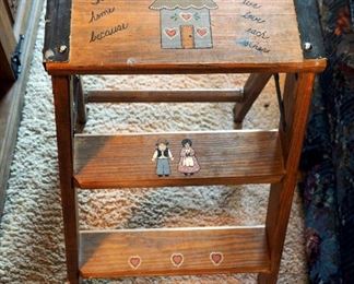 Rustic 17" Peg Leg Stool, Hand Painted 2 Step Step Ladder, And 7" Heart Shaped Step Stool