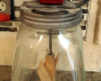 13" Antique Glass Butter Churn Complete And Working With Wood Paddles, Marked SCC