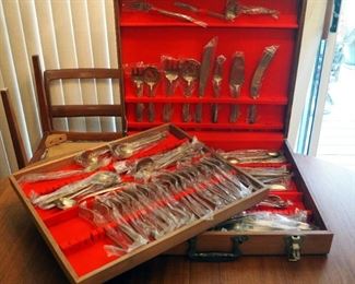 144 Piece Complete Vintage Thailand Solid Nickel Bronze Dinner Set With Felt Lined Wood Case