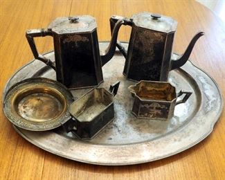 Benedict Period Plate Adam 1800 5-Piece Coffee/Tea Set, Tray And Silver Plate Serving Dish