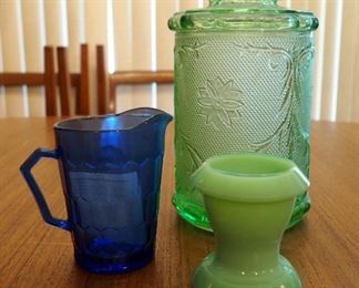 Chantilly Green Sandwich 9" Glass Canister, Jadeite Egg Cup And Shirley Temple Glass Pitcher