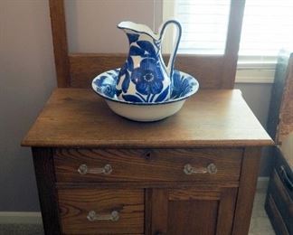 Antique 3-Drawer Solid Wood Wash Stand With Glass Handles 54" X 30" X 16.5, Includes Pitcher And Wash Basin
