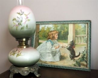 Antique 21" Hand Painted 2-Light Hurricane Lamp And Framed, Under Glass Print " Girl With Kitty" 15" X 20"