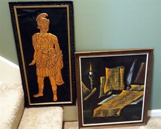 Framed Oil On Canvas Painting Signed M. Pena 24.5" X 21" And Framed Copper Debossed Roman Soldier Wall Hanging 30" X 14.5