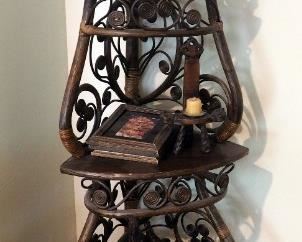 61" Bohemian Rattan And Wood Corner Shelf With Carved Wood Decor And More