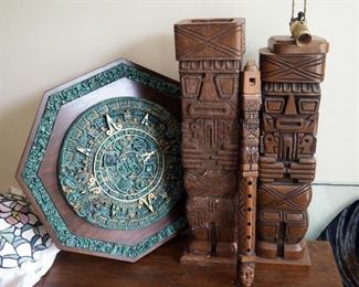 34" Solid Wood Totem Lamps Qty. 2, One Needs Repair And 21" Octagonal Mayan Wall Calendar And More