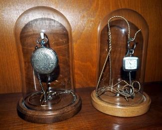 Vintage Ornate Marnna Pocket Watch And Seiko 17 Jewel Pendant Watch, 21-3200, Both In Glass Dome Display Cases