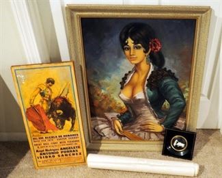 Framed Carved Bone Matador And Bull, Framed Oil On Canvas of Spanish Woman 29" X 23", Bull Fighter Posters Qty. 2 And More