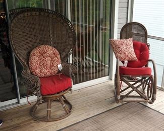 55" Wicker Fan Back Swivel Chair, Matching 46" Bent Wood Rocking Chair And Woven Indoor/Outdoor Area Rug 60" X 81"