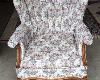 Antique Upholstered Parlor Chair With Carved Wood Trim, 26"