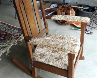 Antique Solid Wood Rocker With Upholstered Seat And Arms, 36"