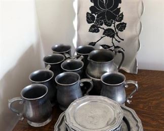 Old Colonial Pewter And Crown-Castle Limited Dinner Ware Including Plates, Saucers, Mugs, Pitcher And Serving Tray, Qty. 25 Total Pieces
