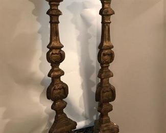 The pricket sticks are 19th Cent Italian, they are gesso over wood and gilded.  There is minor loss to some of the gesso (typical for their age).  They measure 39” high and 8 ½” at the widest part of the base.  They are in good condition.  The price is $425.00 for the pair.