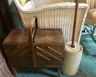 * Antique Sewing Basket and Butter Churn / Crock