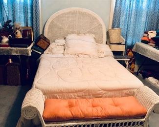 * White Wicker Full Bed and Bench