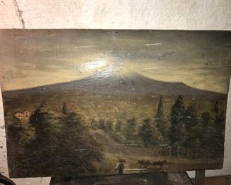 19th Century oil on board volcano scene $200