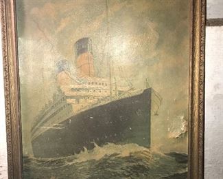 Antique Cunard Line framed cardboard advertising poster, as-is $50 