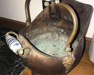 Copper & porcelain coal bucket $40