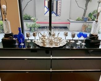 FABULOUS Modern Chest, Pr. Art Deco Waterford and Black Lacquer Base Lamps, Blenko Vase, Art Deco Stemware, Reed & Barton Silverplate REGENT Tea and Coffee Service