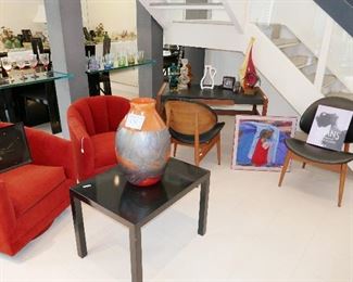 Mid Century inc. Jens Risom Desk, Prague Chairs, Art Glass, and more