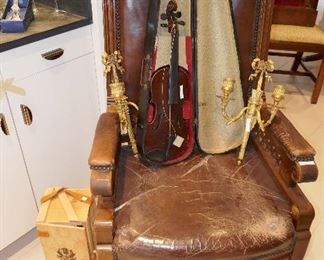 FINE Old Office Desk Chair from OLD Texas Courtroom, Pr. Bronze Fixtures, OLDER Repro. Stradivarius Violin