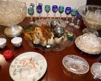 Gorgeous Peacock Blown Glass Christmas Decorations, Bohemian Cut to Clear Wine Goblets, 2 Punch Bowl Sets inc. one with Silver Base