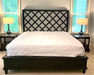king size bed by Drexel Heritage (mattress not included), two nightstands & pair of lamps