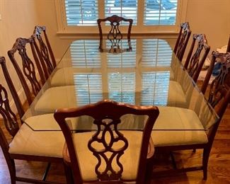 rectangular glass top table & 8 Chippendale chairs (2 with arms)