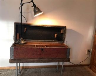 Antique Wood Tool Box Table and Visual Comfort Co Lamp