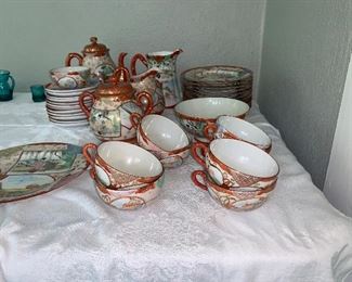 PLL #182 TEA SET WITH ASIAN MOTIF  @ $50 - Damage to Covered Sugar Lid- It is broken 