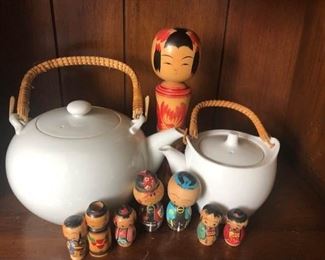 Kokeshi Dolls and Small White Tea Pots