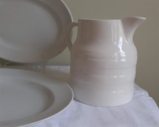Lot 5:
All white French Sarreguemines  stoneware platters and pitchers
Creil Montereau salt and pepper 