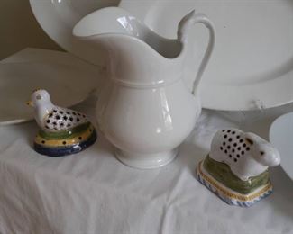 Lot 5:
All white French Sarreguemines  stoneware platters and pitchers
Creil Montereau salt and pepper 