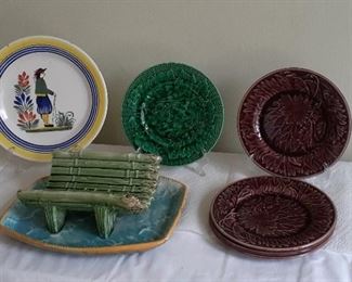 Lot 7: $75.
vintage and antique lot majolica and french faience
Majolica dessert plates 
Henriot whimper plate
Unmarked asparagus platter   