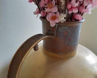 Lot 11:
Brass/ copper Country milk jug 
Copper pot ( has small crack on bottom) 