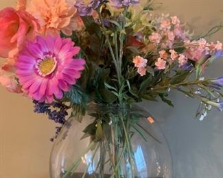 Faux flower bouquet in large glass dome vase
 $20