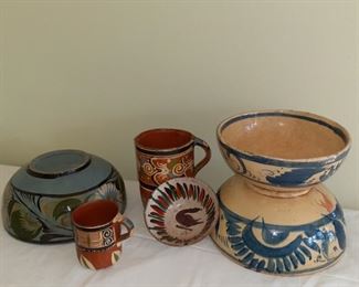 Lot 31:  PLACE A BID OR "Buy-it-now" for $75
Antique vintage 1930/1940 Mexican serving Bowls and mugs 
Largest bowl. 10.5 diam. 