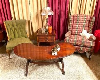 Kidney bean table and wingback chairs