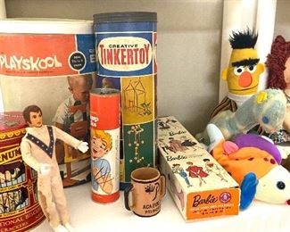 Vintage evil Knievel, tinker toys, Bert, red head bubble cut Barbie box