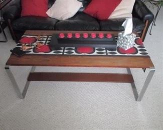 Mid Century Modern Rosewood and Chrome Coffee Table With Matching End Table ~ Maurice Villency Leather MCM Black Sofa with Matching Chair 