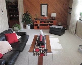 Mid Century Modern Rosewood and Chrome Coffee Table With Matching End Table ~ Maurice Villency Leather MCM Black Sofa with Matching Chair
